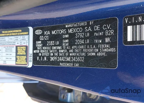 2021 Kia Forte Lxs z USA, uszkodzony, nr VIN 3KPF24AD5ME345602